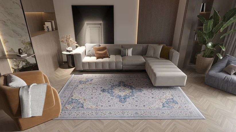 Ethereal Bahçe Madalyon Halı - Gri - 2222C